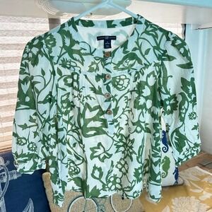 Summer Chic Blouse Gap Small P Green White Floral Block Print Cotton Puff Sleeve